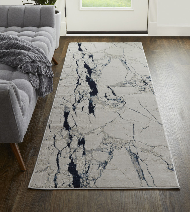 3' x 8' Ivory Blue & Black Abstract Power Loom Distressed Runner Rug