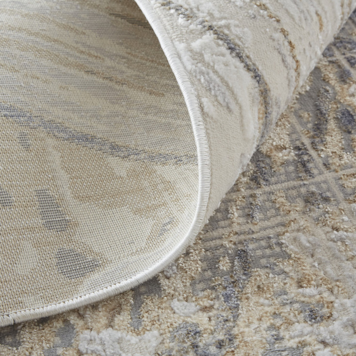 3' x 8' Tan Ivory and Gray Abstract Power Loom Distressed Runner Rug