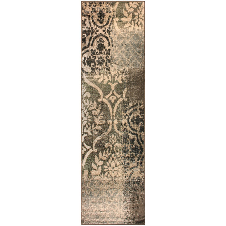 3' x 8' Ivory Light Blue Damask Distressed Stain Resistant Runner Rug