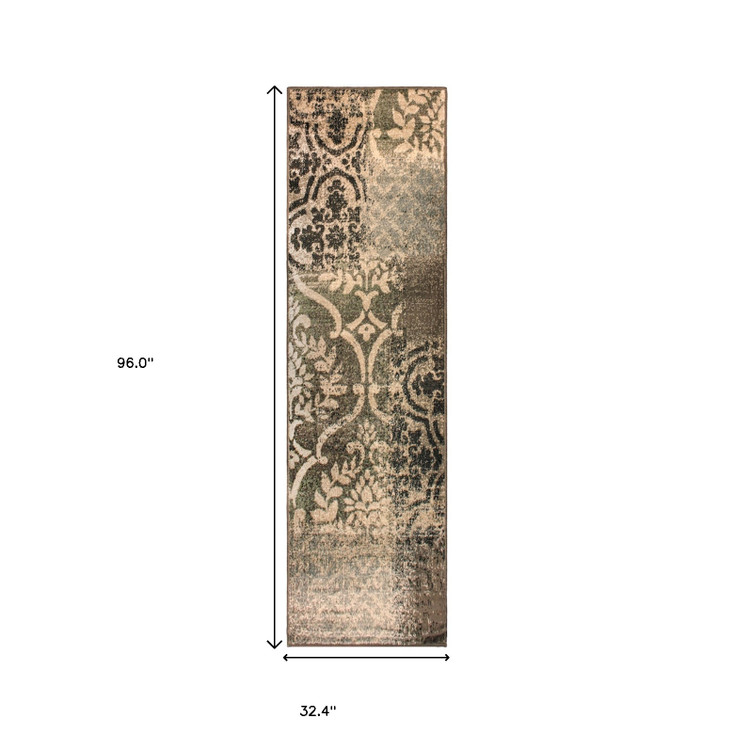 3' x 8' Ivory Light Blue Damask Distressed Stain Resistant Runner Rug