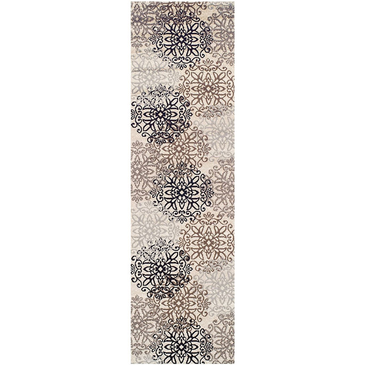 3' x 8' Tan Gray and Black Floral Medallion Stain Resistant Runner Rug