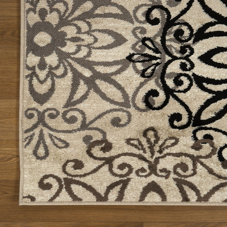 3' x 8' Tan Gray and Black Floral Medallion Stain Resistant Runner Rug