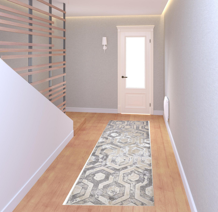 3' x 8' Gray Taupe and Silver Abstract Runner Rug