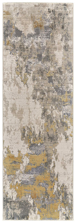3' x 8' Ivory Gold and Gray Abstract Stain Resistant Runner Rug