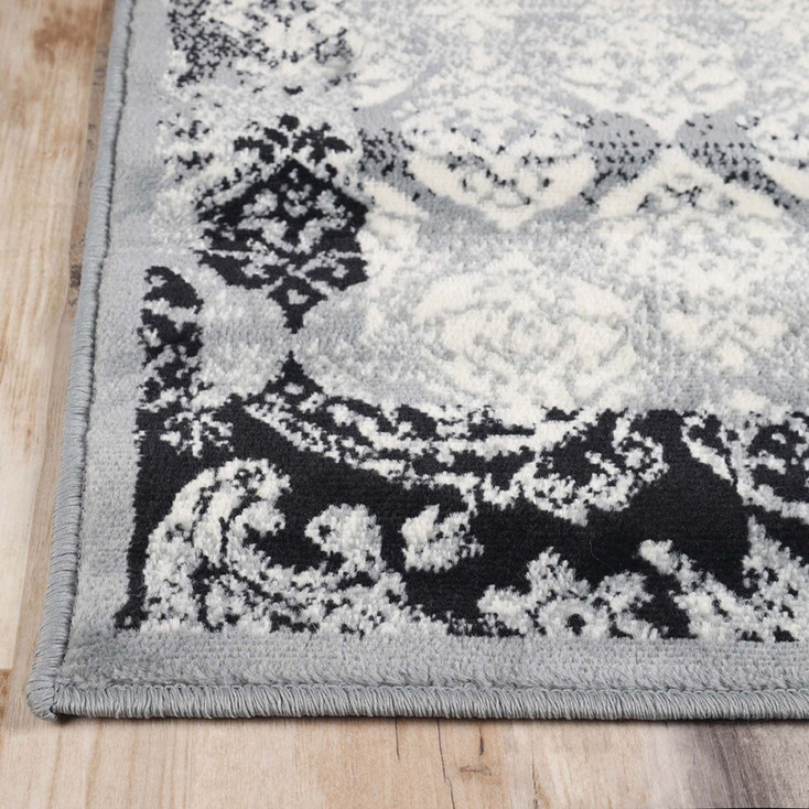 3' x 8' Black and Gray Damask Power Loom Distressed Stain Resistant Runner Rug