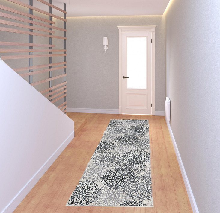 3' x 8' Oatmeal and Gray Medallion Power Loom Stain Resistant Runner Rug
