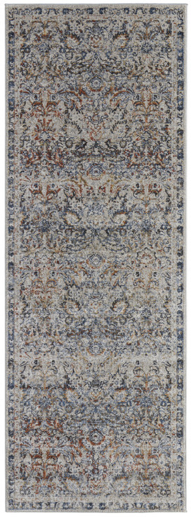 3' x 8' Tan Blue and Orange Floral Power Loom Distressed Runner Rug with Fringe