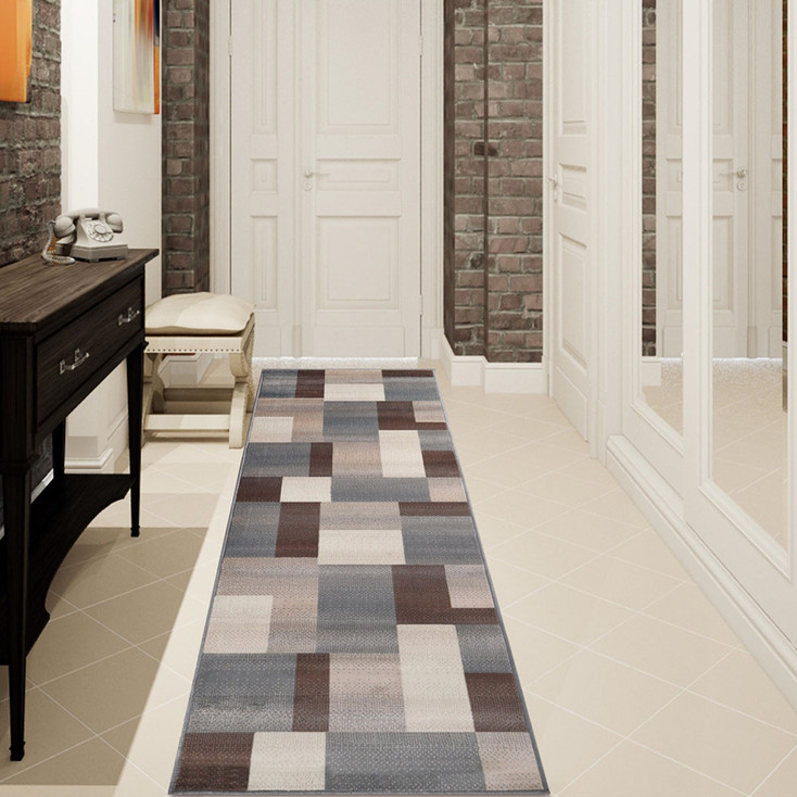 3' x 8' Grey Patchwork Power Loom Stain Resistant Runner Rug
