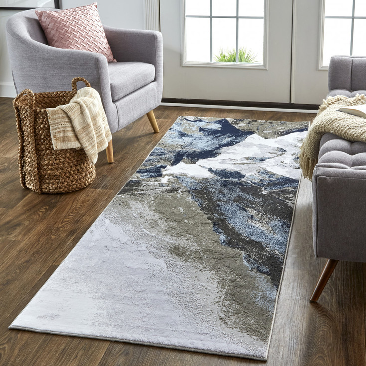3' x 8' Blue Gray and White Abstract Stain Resistant Runner Rug