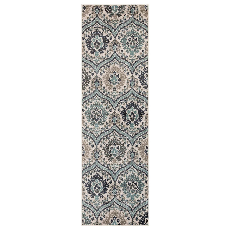 3' x 8' Ivory Blue and Gray Floral Stain Resistant Runner Rug