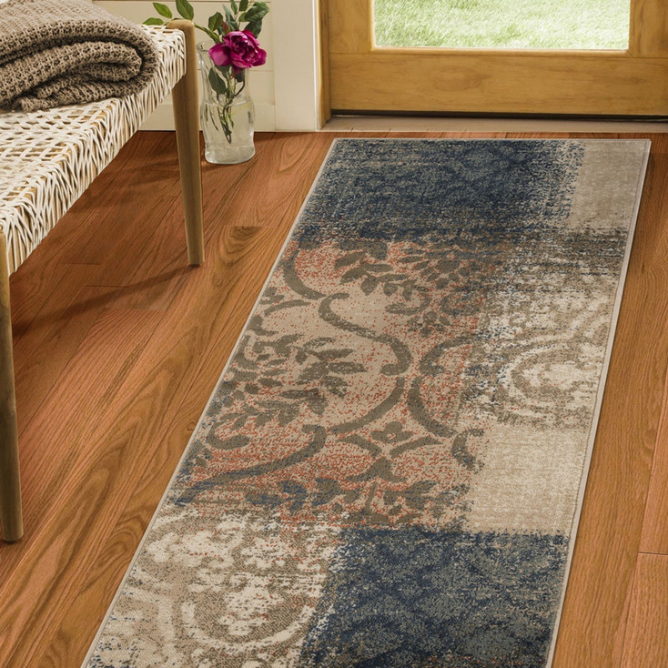 3' x 8' Navy and Salmon Damask Distressed Stain Resistant Runner Rug