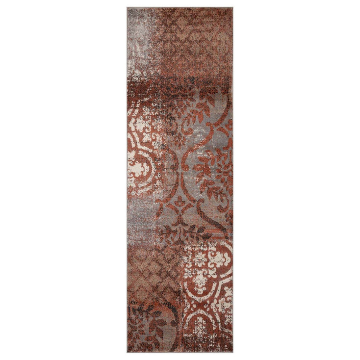 3' x 8' Rust and Gray Damask Distressed Stain Resistant Runner Rug