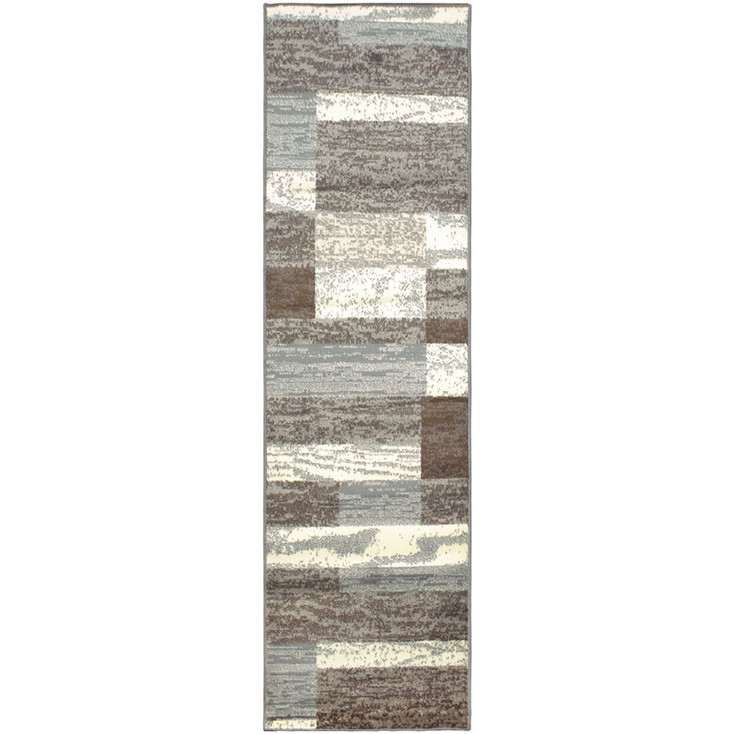 3' x 8' Light Blue and Ivory Patchwork Power Loom Stain Resistant Runner Rug