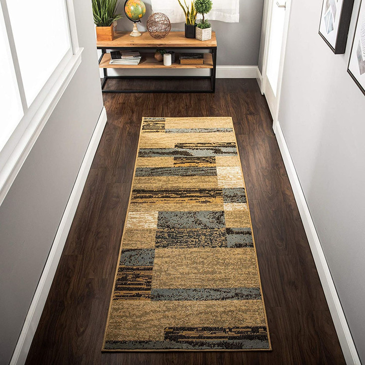 3' x 8' Light Blue and Beige Patchwork Power Loom Stain Resistant Runner Rug