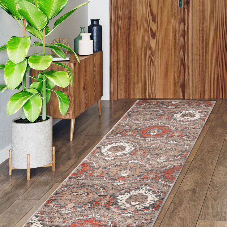 3' x 8' Runner Rust Floral Stain Resistant Runner Rug