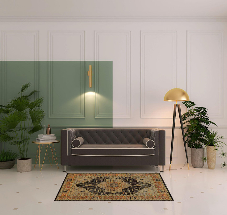 4' x 5' Gold Brown Grey Rust Green & Purple Oriental Power Loom Stain Resistant Area Rug