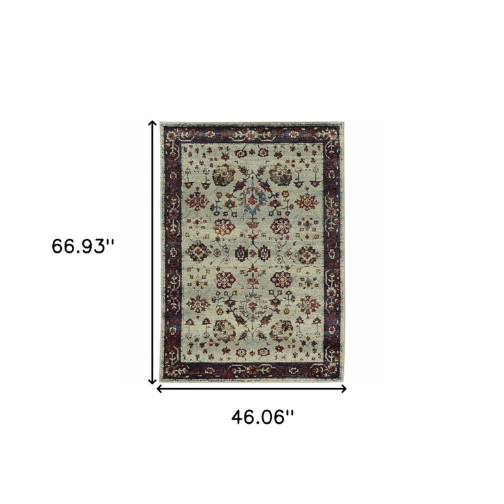 4' x 5' Stone and Red Oriental Power Loom Stain Resistant Area Rug