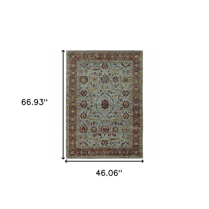 4' x 5' Blue Red Green and Gold Oriental Power Loom Stain Resistant Area Rug