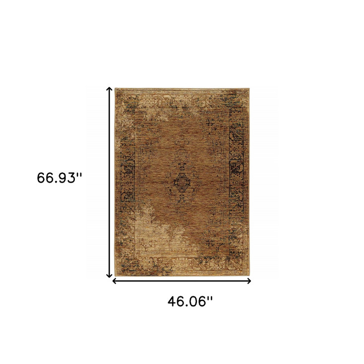 4' x 5' Gold and Brown Oriental Power Loom Stain Resistant Area Rug
