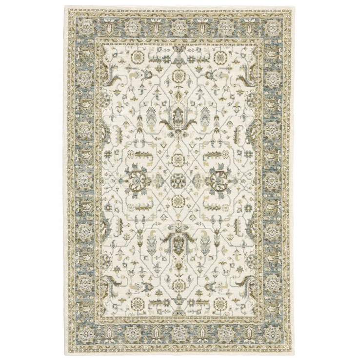 4' x 5' Ivory Grey and Blue Oriental Power Loom Stain Resistant Area Rug