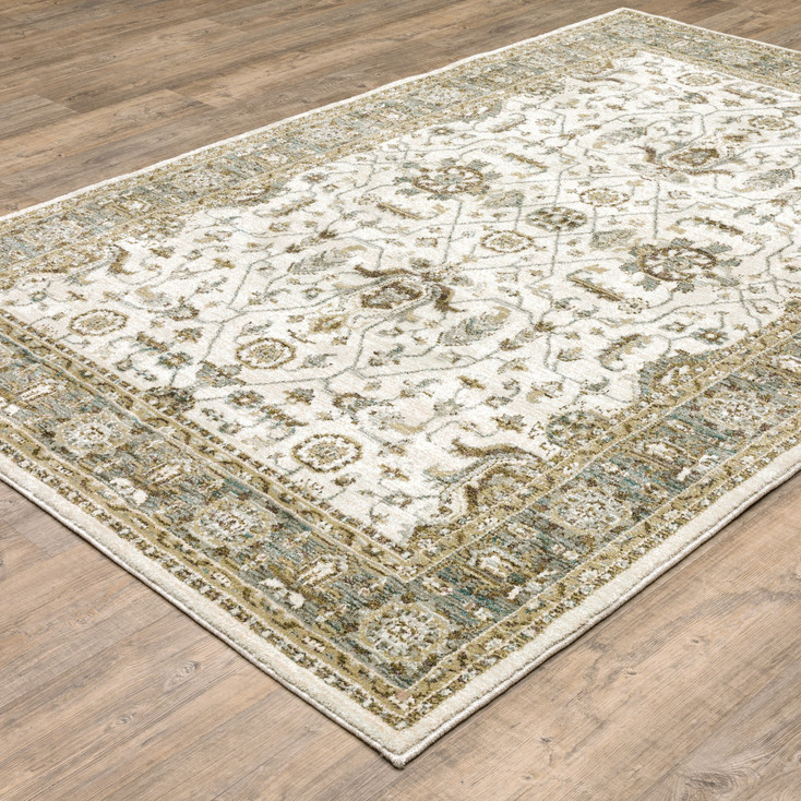 4' x 5' Ivory Grey and Blue Oriental Power Loom Stain Resistant Area Rug