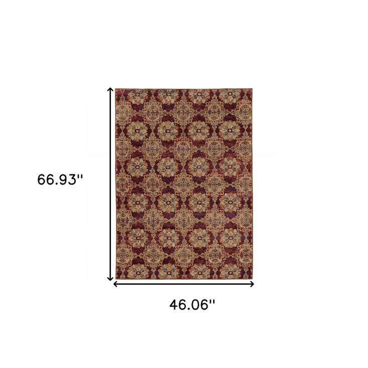 4' x 5' Red & Gold Oriental Power Loom Stain Resistant Area Rug