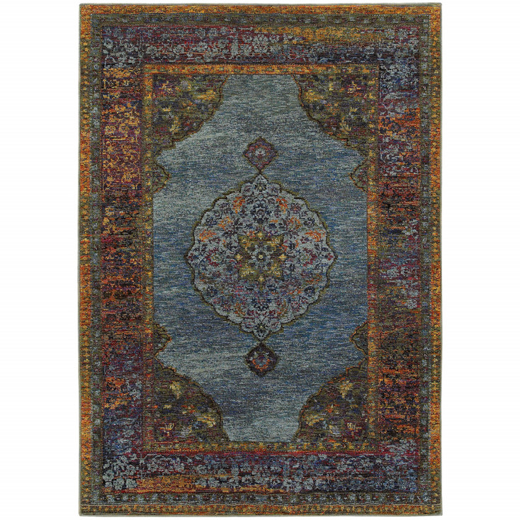 4' x 5' Blue Gold Green Red Orange & Purple Oriental Power Loom Stain Resistant Area Rug