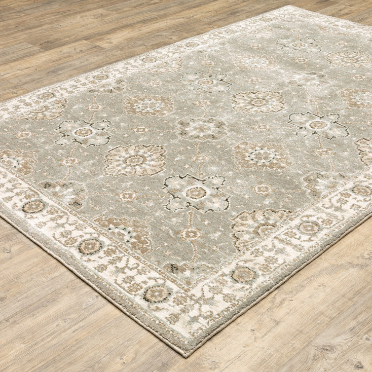 4' x 5' Grey Ivory Tan Brown and Gold Oriental Power Loom Stain Resistant Area Rug