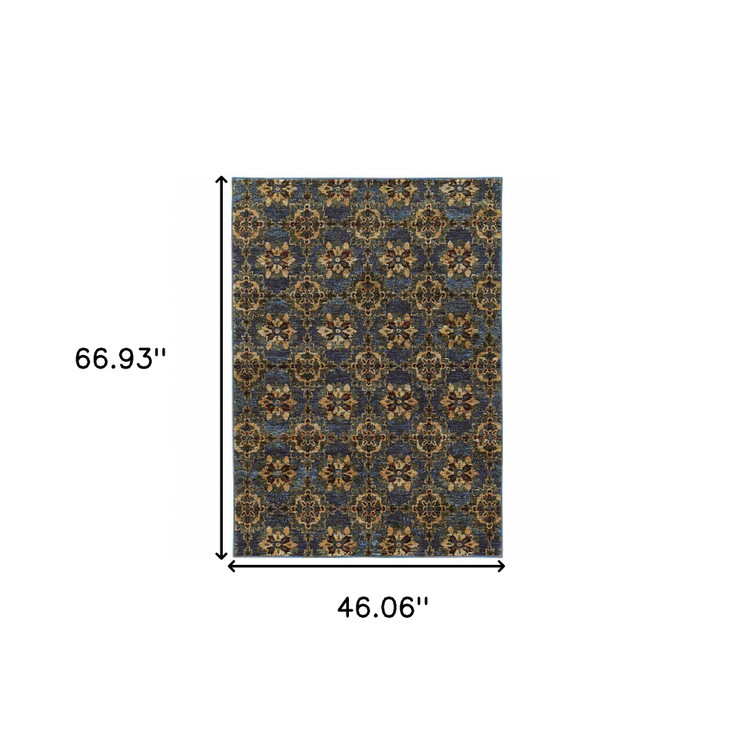 4' x 5' Blue and Gold Oriental Power Loom Stain Resistant Area Rug