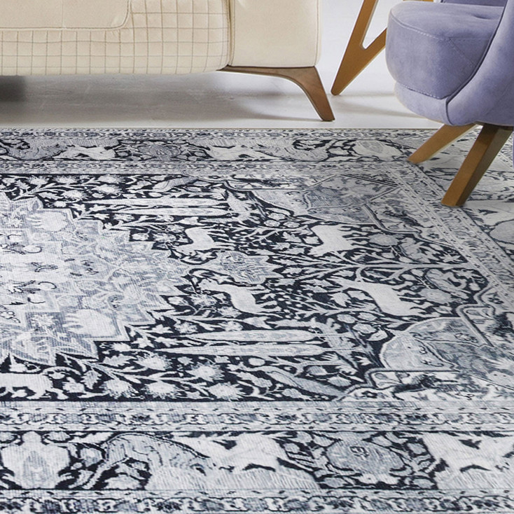4' x 5' Charcoal Medallion Stain Resistant Area Rug