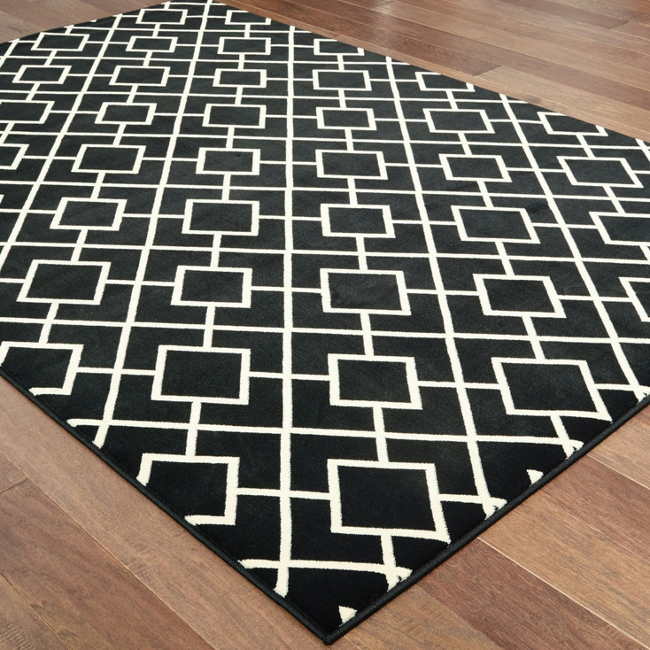 4' x 5' Black Ivory Machine Woven Geometric Diamonds Indoor Area Rug