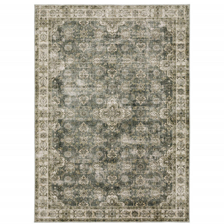 4' x 6' Green Brown Beige Yellow and Olive Oriental Printed Non Skid Area Rug