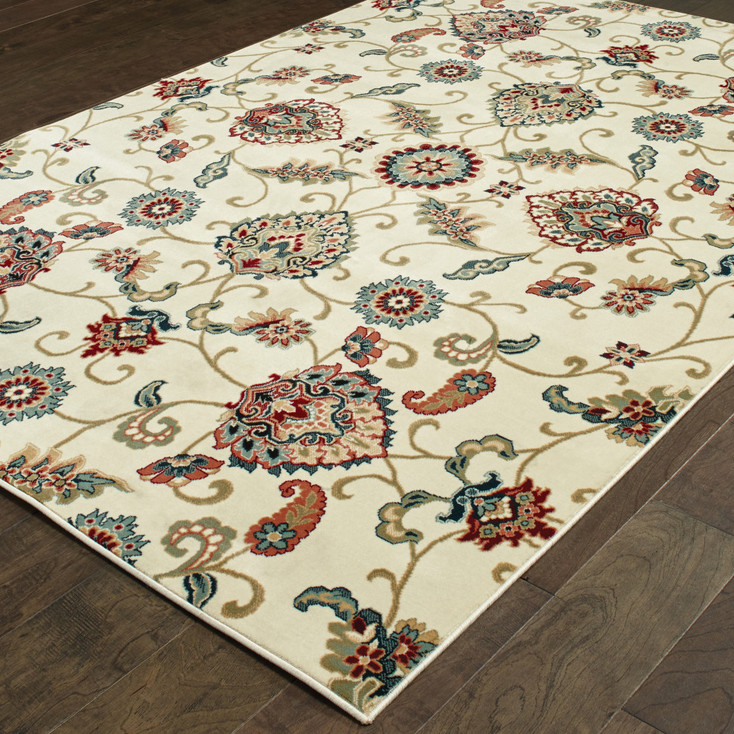 4' x 6' Ivory Green Blue Red Salmon and Yellow Floral Power Loom Stain Resistant Area Rug