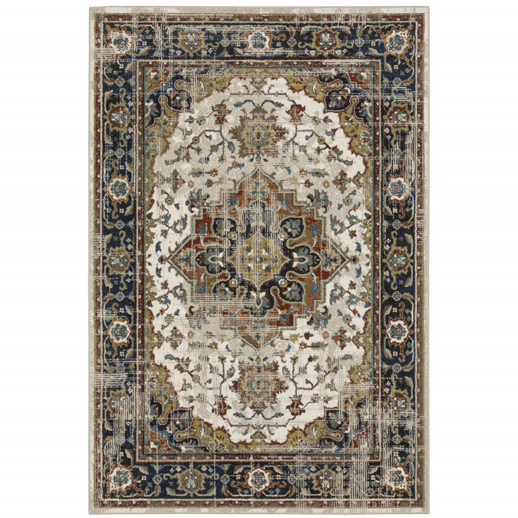 4' x 6' Beige Blue Green Rust and Grey Oriental Power Loom Stain Resistant Area Rug