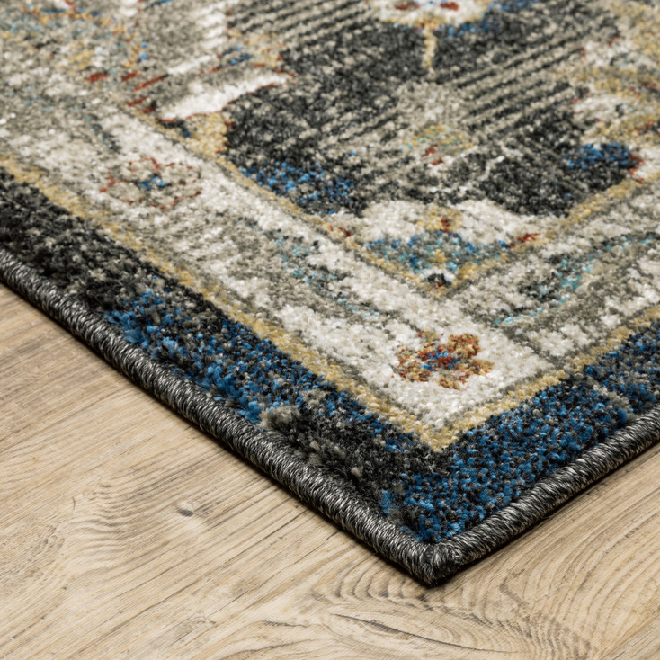 4' x 6' Charcoal Blue Gold Rust and Beige Oriental Power Loom Stain Resistant Area Rug