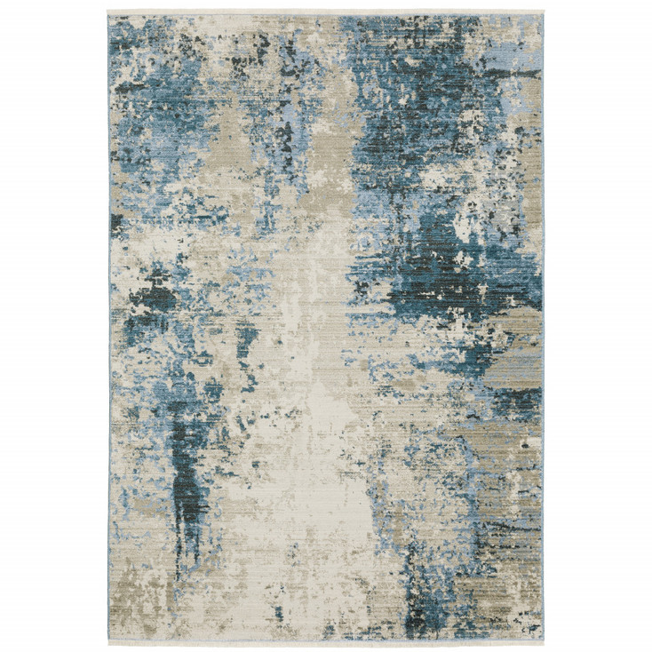 4' x 6' Blue Grey Ivory Light Blue and Dark Blue Abstract Power Loom Area Rug with Fringe