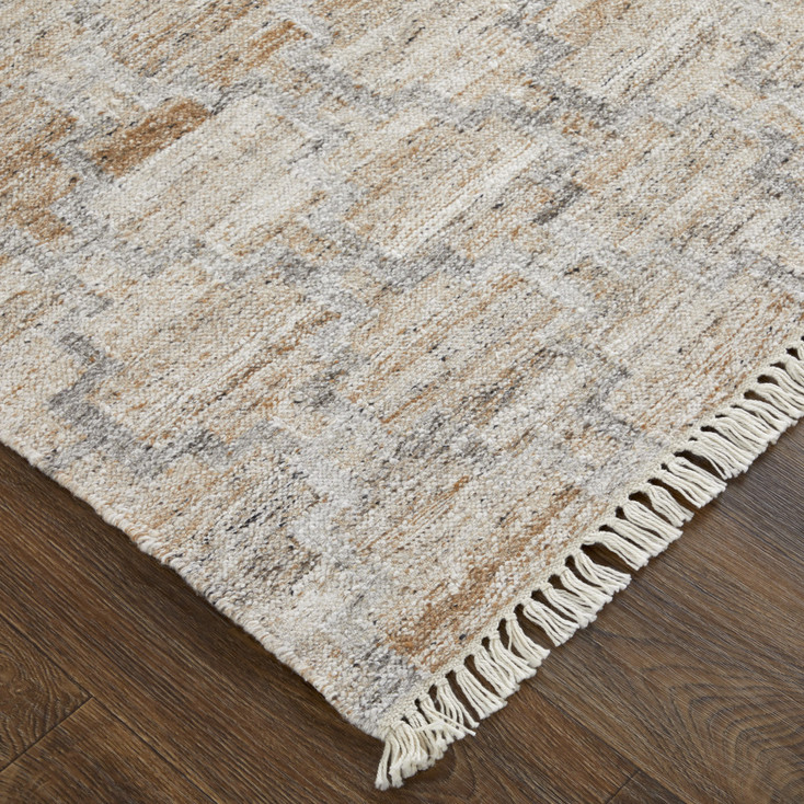 4' x 6' Tan Gray and Ivory Geometric Hand Woven Stain Resistant Area Rug with Fringe