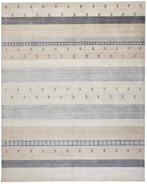 4' x 6' Ivory Tan and Gray Wool Striped Hand Knotted Stain Resistant Area Rug