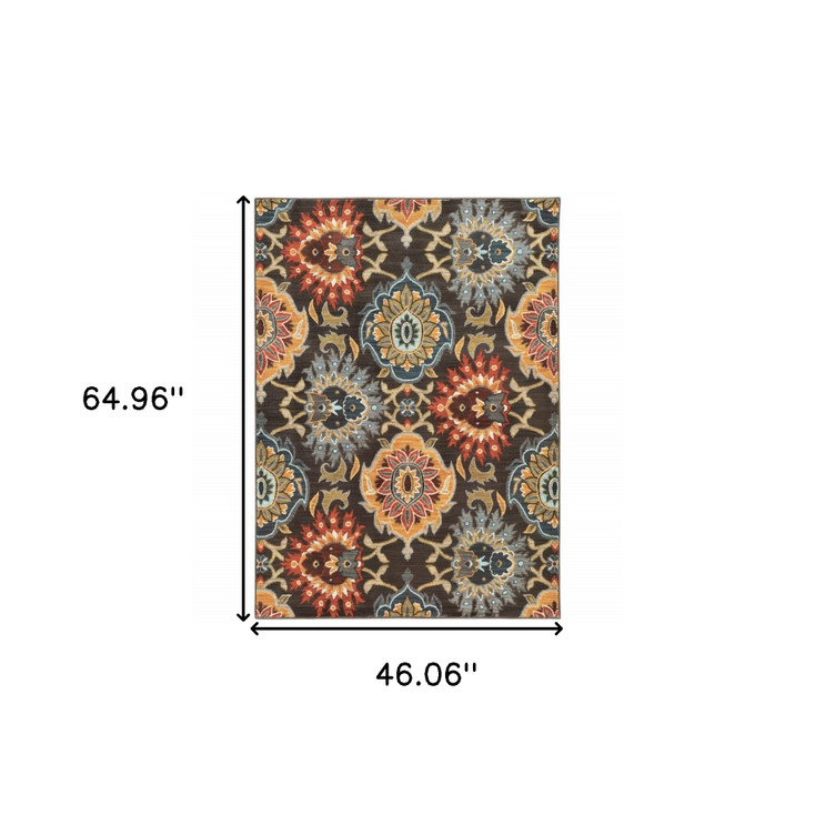 4' x 6' Brown Grey Rust Red Gold Teal and Blue Green Floral Power Loom Area Rug