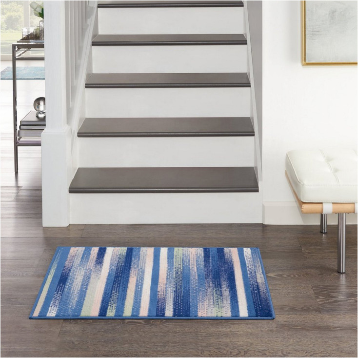 4' x 6' Blue and White Striped Dhurrie Area Rug