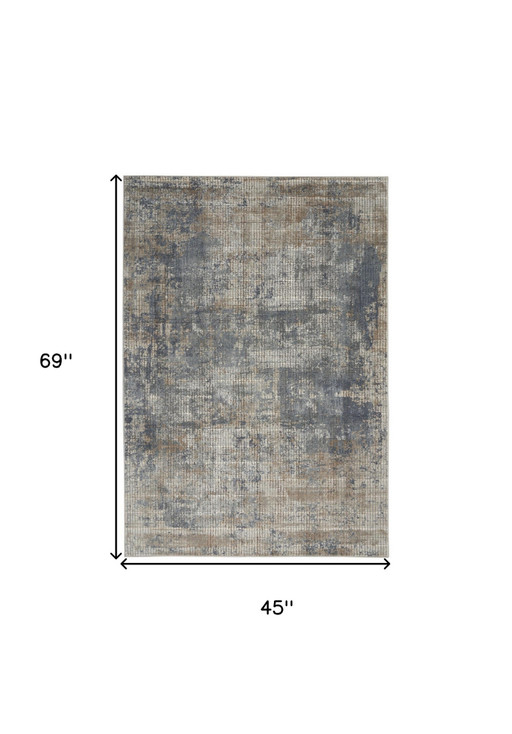 4' x 6' Blue and Beige Abstract Power Loom Distressed Non Skid Area Rug