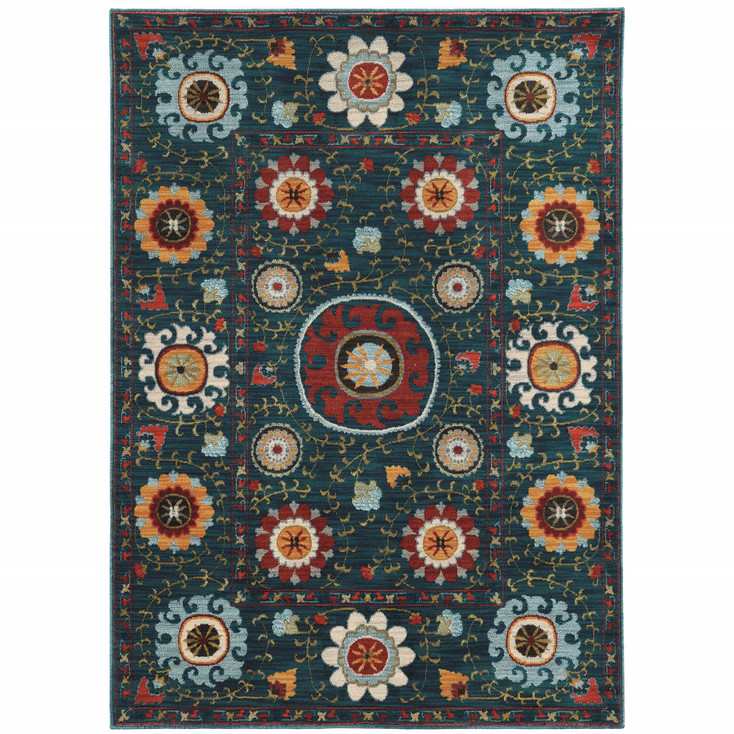 4' x 6' Teal Blue Rust Gold and Ivory Floral Power Loom Stain Resistant Area Rug