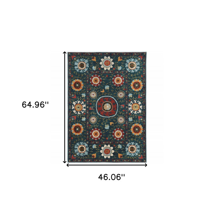 4' x 6' Teal Blue Rust Gold and Ivory Floral Power Loom Stain Resistant Area Rug