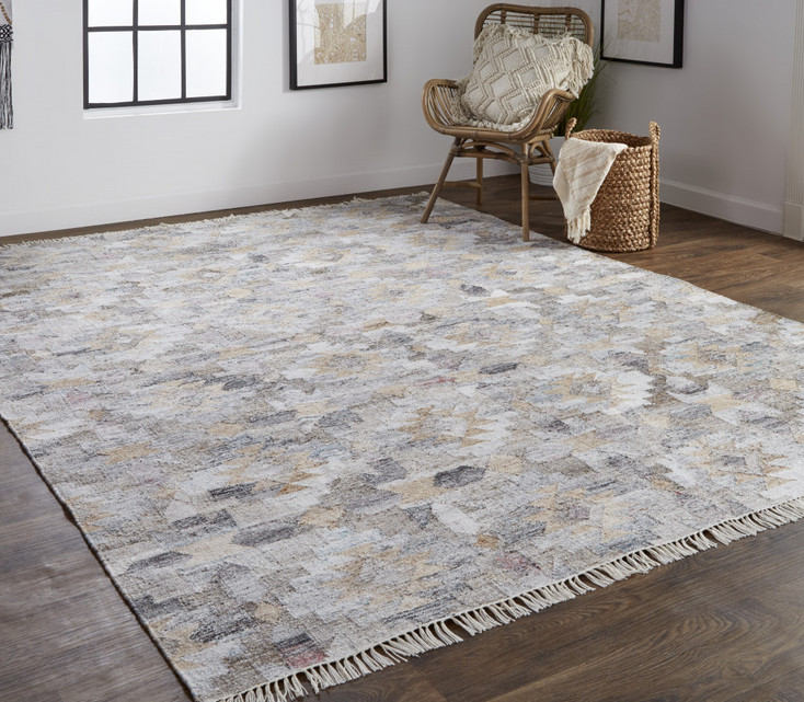 4' x 6' Taupe Gray and Blue Geometric Hand Woven Stain Resistant Area Rug with Fringe