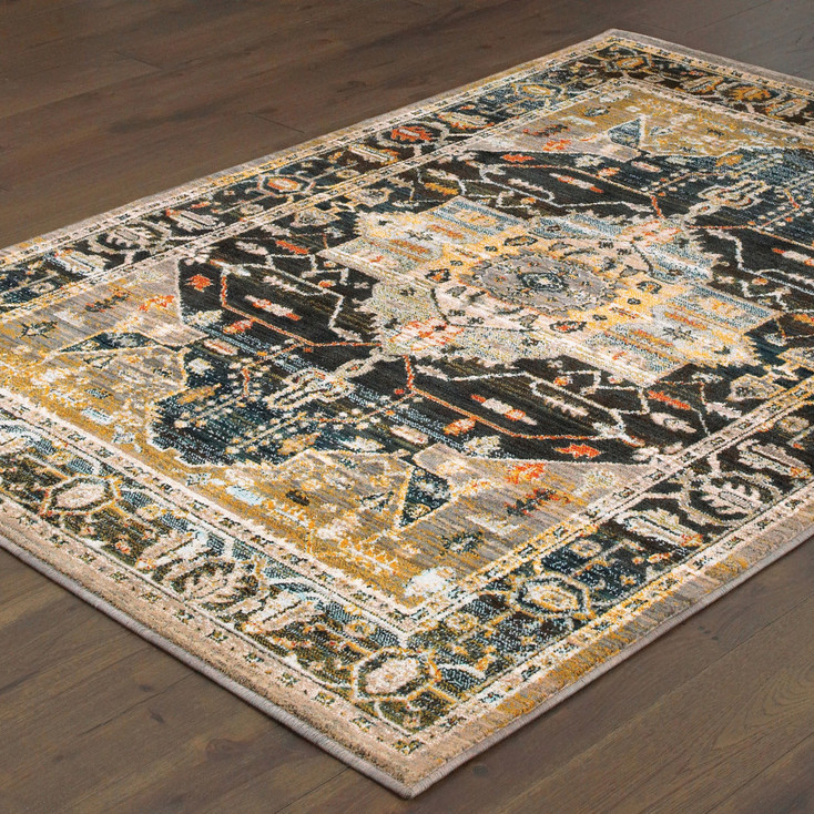 4' x 6' Blue Gold Grey Orange Ivory and Teal Oriental Power Loom Stain Resistant Area Rug