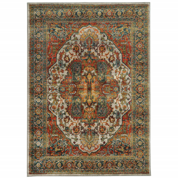 4' x 6' Red Gold Orange Green Ivory Rust and Blue Oriental Power Loom Area Rug