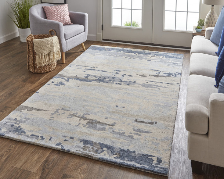4' x 6' Blue Gray and Ivory Wool Abstract Tufted Handmade Stain Resistant Area Rug