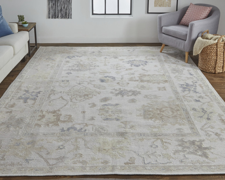 4' x 6' Tan Ivory and Orange Floral Hand Knotted Stain Resistant Area Rug