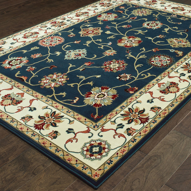 4' x 6' Navy and Ivory Oriental Power Loom Stain Resistant Area Rug