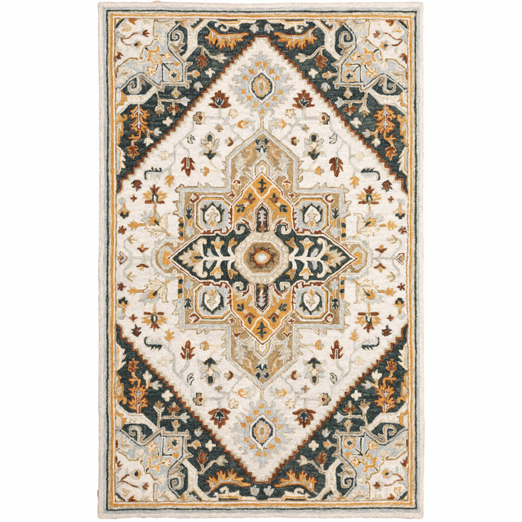 4' x 6' Ivory Charcoal Gold Clay and Muted Blue Oriental Tufted Handmade Area Rug